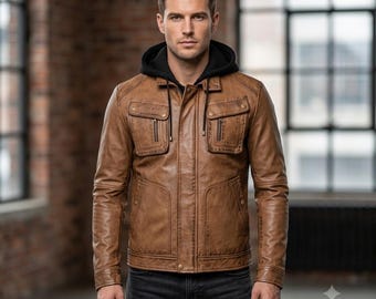 Herren Distressed Tan Lederjacke mit Abnehmbarer Kapuze - Brauner LederUtty Bomber - Handgefertigter Slim Fit Cargo Moto Coat, Premium Wintergeschenk