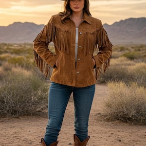 Puede incluir: Una mujer con una chaqueta de ante marrón con flecos, vaqueros azules, una camiseta blanca, botas de vaquero marrones y un sombrero marrón. La chaqueta tiene flecos largos en las mangas y está abotonada. El fondo es un paisaje desértico con montañas.