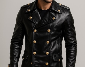 Men's Black Genuine Leather Military Jacket | Double Breasted Gold Button Biker Coat | Slim Fit Winter Coat Gift