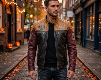 Echte Leder-Bikerjacke für Herren | Motorradjacke als Halloween-Geschenk für ihn | Schwarze, braune und burgunderrote Moto-Racer-Jacke