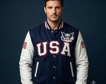 USA Varsity Jacke - Marineblaue Wolle & Weiße Leder Ärmel Bomber - American Fan Letterman Mantel, Premium Pathrilic Sport Fan Geschenk