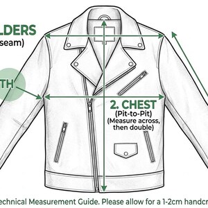 May include: A technical measurement guide for a white leather jacket, with labeled areas for back length, chest, sleeve, and shoulder measurements. The guide includes the text "FJLeatherCo Technical Measurement Guide. Please allow for a 1-2cm handcrafted variance."