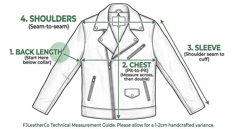 May include: A technical measurement guide for a white leather jacket, with labeled areas for back length, chest, sleeve, and shoulder measurements. The guide includes the text "FJLeatherCo Technical Measurement Guide. Please allow for a 1-2cm handcrafted variance."