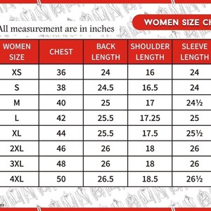 Puede incluir: Una tabla de tallas blanca con encabezados rojos titulada WOMEN SIZE CHART y All measurement are in inches. La cuadr&iacute;cula enumera tallas desde XS hasta 4XL con los valores num&eacute;ricos correspondientes para pecho, espalda, hombros y mangas.
