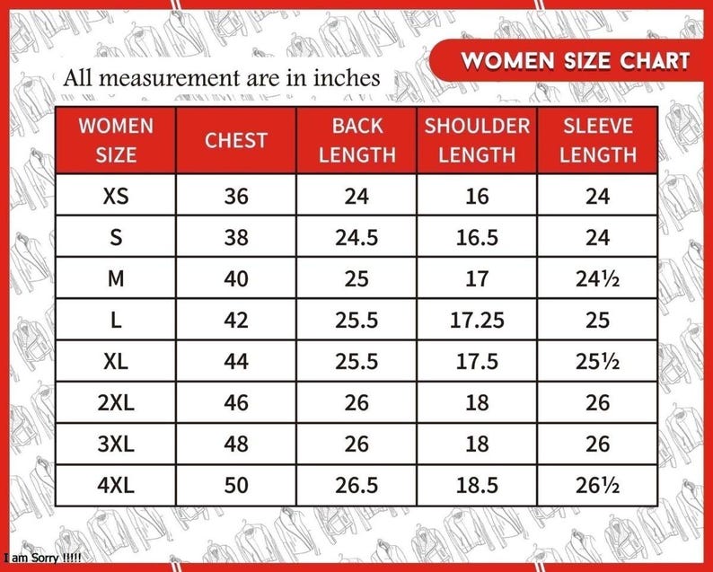 Puede incluir: Una tabla de tallas blanca con encabezados rojos titulada WOMEN SIZE CHART y All measurement are in inches. La cuadr&iacute;cula enumera tallas desde XS hasta 4XL con los valores num&eacute;ricos correspondientes para pecho, espalda, hombros y mangas.