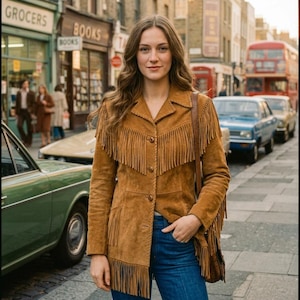 Puede incluir: Una chaqueta de ante color canela con largos flecos en el pecho, los hombros y el dobladillo. La chaqueta tiene cuello, cierre frontal de botones y mangas largas con detalles de flecos, combinada con vaqueros azules y un bolso de hombro.