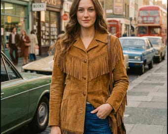 Vintage-Wildlederjacke mit Fransen aus den 70er-Jahren | Retro-Boho-Jacke für Damen | Echtleder-Mantel im Western-Stil | Handgefertigte Oberbekleidung aus echtem Leder