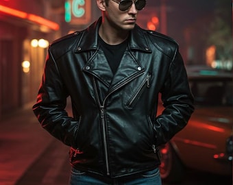 Men’s Black Leather Biker Jacket | Classic Moto Style | Vintage-Inspired Rocker Outerwear with Zippers