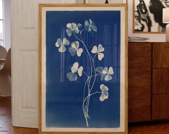 Four Leaf Clover Cyanotype Print: Minimalist Botanical Wall Art (Digital Download