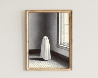 Póster de fantasma caprichoso: Arte digital de pared de Halloween en blanco y negro, neutro y melancólico