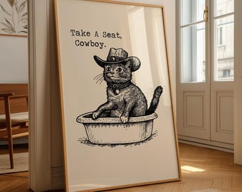 Funny Bathroom Downloadable Print Cowboy Cat In Litter Box Vintage Style Poster Whimsical Western Decor Monochrome Gravure Wall Art