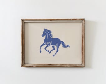 Blue Running Horse Print: Western Cowboy Minimalist Wall Art (Digital Download)