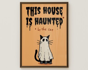 Spooky Ghost Cat Halloween Poster: Haunted House Y2K Wall Art (Digital Download)