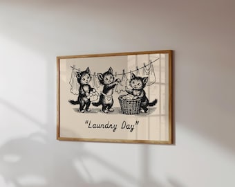Vintage Cat Laundry Room Poster: Retro Kitten Whimsical Art (Digital Download