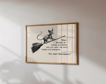 Vintage Halloween Cat Art Print: Whimsical Witch & Black Cat (Digital Download