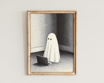 Póster de un fantasma con una laptop: Arte digital de Halloween en blanco y negro, neutro y melancólico.