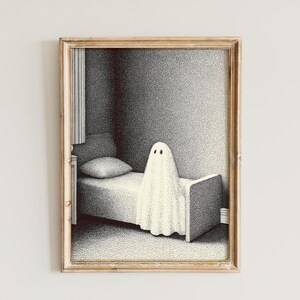 Poster per camera da letto fantasma: stampa digitale minimalista e malinconica in bianco e nero per la parete di Halloween