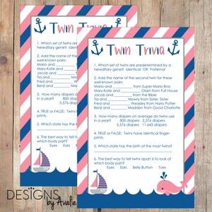 INSTANT DOWNLOAD Nautical Twin Trivia Baby Shower Game for Girl Twins or Girl Boy Twins in Navy and Coral