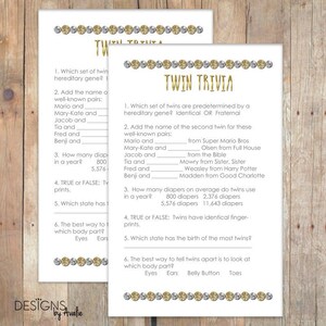 INSTANT DOWNLOAD Twin Trivia Baby Shower Game for Boy Girl Twins in Silver and Gold