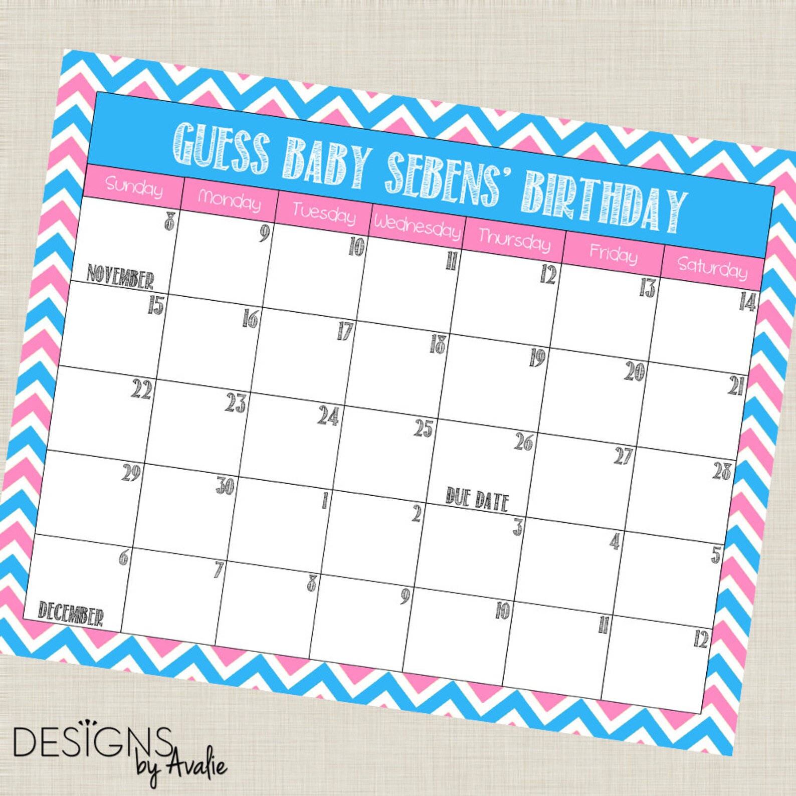 CUSTOM Guess Baby's Birthday Calendar Baby Shower Game (choose Your Own ...