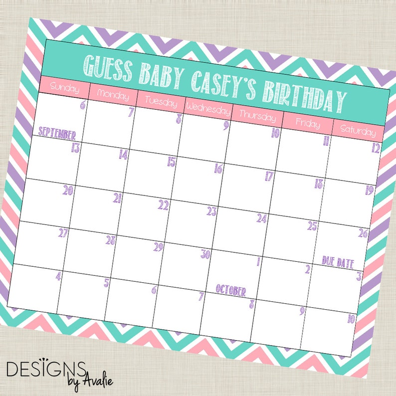 CUSTOM Guess Baby's Birthday Calendar Baby Shower Game (choose Your Own ...