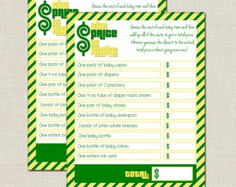 INSTANT DOWNLOAD Green and Yellow Price is Right Baby Shower Game