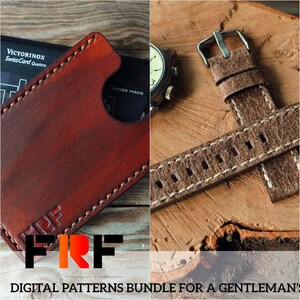 May include: A selection of leather accessories, including a brown cardholder, a watch with a brown leather strap, and a black wallet. The items are displayed on a wooden surface. The text "DIGITAL PATTERNS BUNDLE FOR A GENTLEMAN'S SET" is visible.