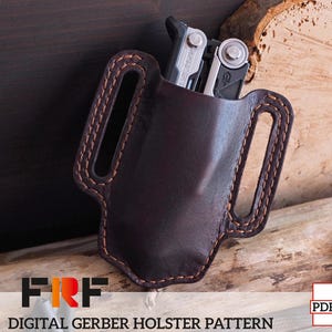May include: A dark brown leather Gerber multi-tool holster with a stitched border. The holster holds a silver and black multi-tool. The text "DIGITAL GERBER HOLSTER PATTERN" is at the bottom of the image.
