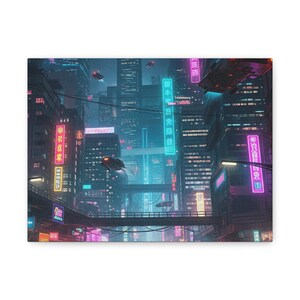 Futuristic Cityscape Canvas Print, Neon Wall Art, Home Decor, Modern Office Accent, Gift for Tech Lovers, Urban Artwork