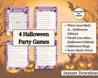 Utskrivbart Halloween-festspelpaket Halloweenbingo, skräckfilmsquiz, skulle du hellre vilja, vem är mest troligt rolig? Vuxen- och Halloweenspel