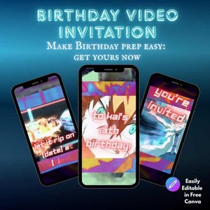 May include: Three smartphones displaying a digital birthday video invitation with anime-style graphics. Text reads: BIRTHDAY VIDEO INVITATION, MAKE BIRTHDAY PREP EASY: GET YOURS NOW, let it rip on [date] at [time], to Kai's 13th birthday!, you're invited.