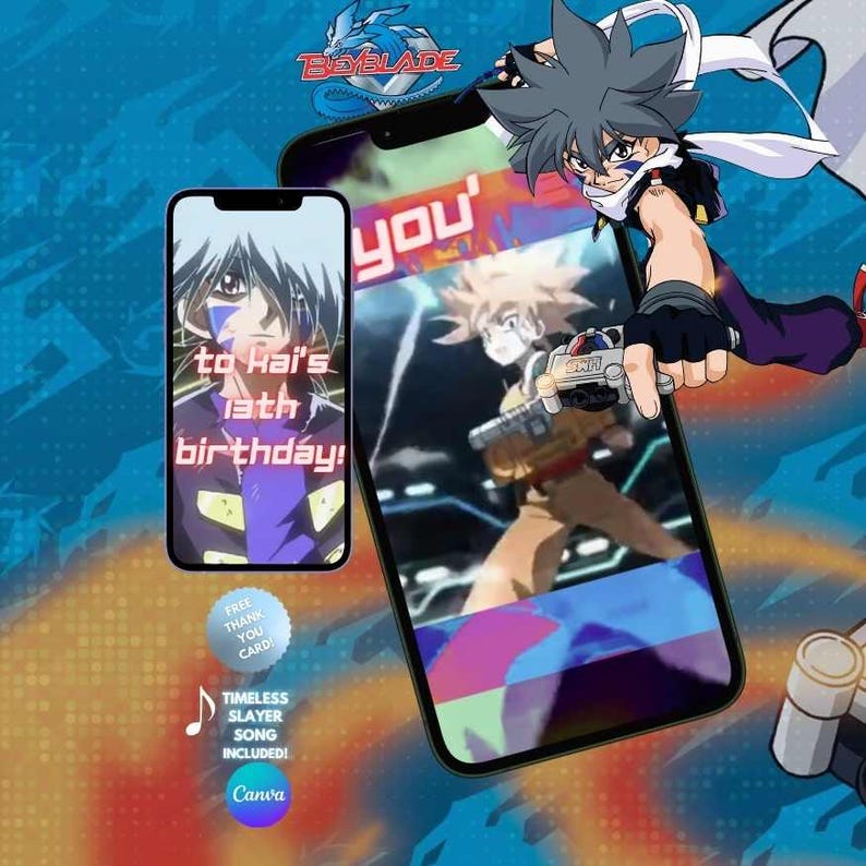 May include: Two smartphones displaying Beyblade anime graphics. The smaller screen shows a character with text reading 'to Kai's 13th birthday!'. The larger screen features a character holding a launcher. A blue background includes the Beyblade logo.