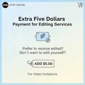 May include: Etsy listing graphic with text: "Extra Five Dollars Payment for Editing Services." Includes an icon of a tablet with a pencil and wrench. Text: "Prefer to receive edited? Don't want to edit yourself?" and "ADD $5.00".