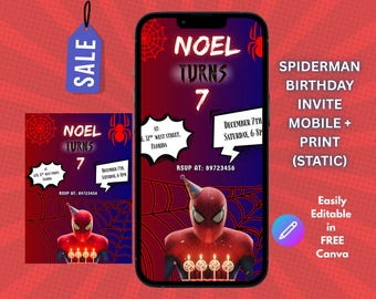 Editable Spiderman mobile & printable Birthday Invitation Template| Superhero boys kids girls Party Canva evite | Spiderverse digital Invite