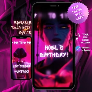 KPOP Demon Hunters Saja Boysアイドルアニメーション誕生日招待状、カスタマイズ可能なモバイル誕生日招待状、編集可能なCanvaビデオテンプレート
