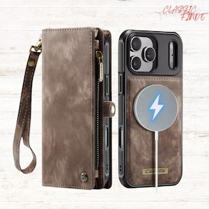 May include: A brown leather phone case and wallet set. The wallet has a zip closure and wrist strap. The phone case has a magnetic charging pad with a lightning bolt symbol. The text "Classic Find" is in the upper right corner.