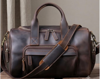 Full Grain Leather Duffel Weekender Bag, Carry-On Overnight Luggage, Gym Holdall. Gifts For Him