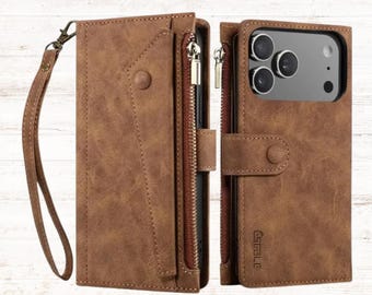 Luxury Leather Wallet iPhone 17 Pro Max Case With Wrist Strap, Multi-8-Card Slots