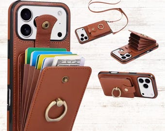 Crossbody Leather Wallet iPhone 17 Pro Max Case With Ring Holder, Card Holder.