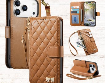Crossbody Leather Wallet iPhone 17 Case with Card Slots & Wrist Strap – Flip Protective Cover.