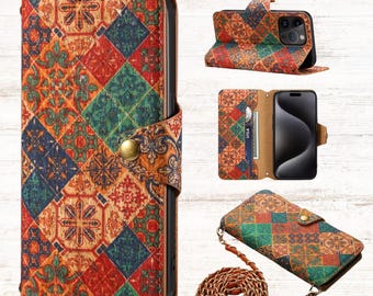 Crossbody Leather Wallet iPhone 17 Pro Max Case with Card Slot, Flip Cover.