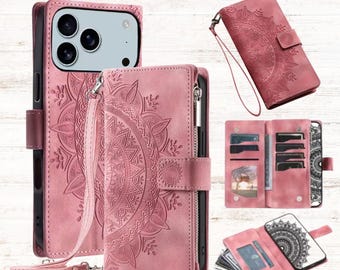 Crossbody Leather Wallet iPhone 17 Pro Max Case – Mandala Embossed Cover, Wrist Strap.
