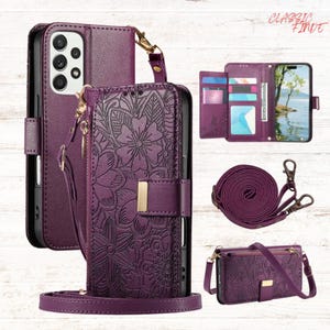 May include: A plum-colored phone case with a floral embossed design. The case includes a detachable strap, a wallet section, and a small purse. The words "CLASSIC FINDE" are in the upper right corner.