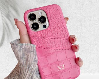 Personalized Crocodile Leather iPhone 17 Pro Wallet Case – Custom Initial Monogram with Card Slot.