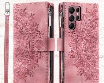 Crossbody Leather Wallet Samsung Galaxy S26 Ultra Case – Mandala Embossed, Card Slots & Straps.