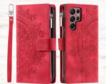 Crossbody Leather Wallet Case for Samsung Galaxy S26 Ultra – Mandala Embossed, Card Slots & Straps.