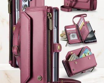 Crossbody Leather Wallet Galaxy Z Fold 7 Phone Case - Card Slots & S Pen Holder.