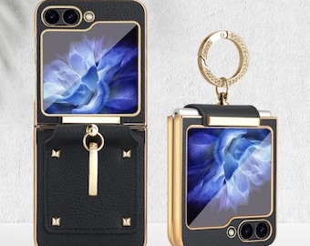 Luxury Leather Case For Samsung Galaxy Z Flip 7 / 6 / 5 / 4 / 3, Ring Holder.