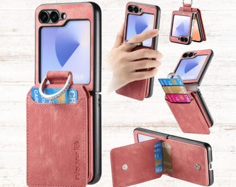 Luxury Leather Wallet Case For Samsung Galaxy Z Flip 7 / 6 / 5 / 4, Ring Holder Cover