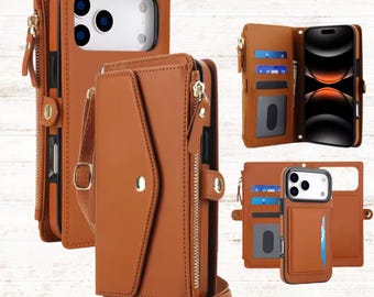 Luxury Crossbody Leather Wallet iPhone 17 Pro Max Case – Card Slots Cover & Lanyard Strap.